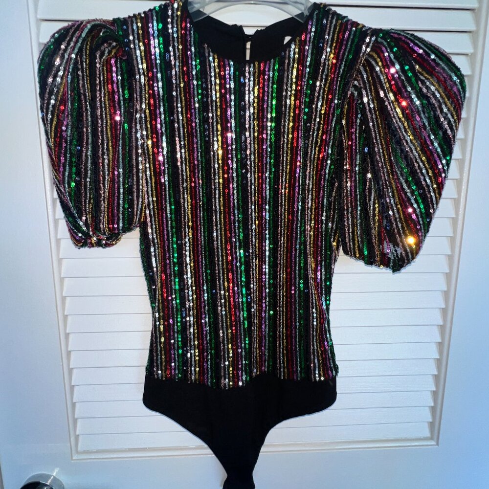 New w/o tags. Lovers + Friends Sequin multi-colored puff sleeve bodysuit